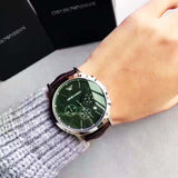 Emporio Armani Renato Chronograph Green Dial Brown Leather Strap Watch For Men - AR2493 Authentic Buy Shop Now