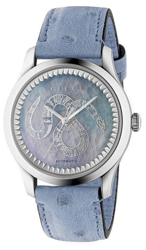 Gucci G Timeless Automatic Mother of Pearl Dial Blue Leather Strap Watch For Women - YA1264113 Authentic Buy Shop Now