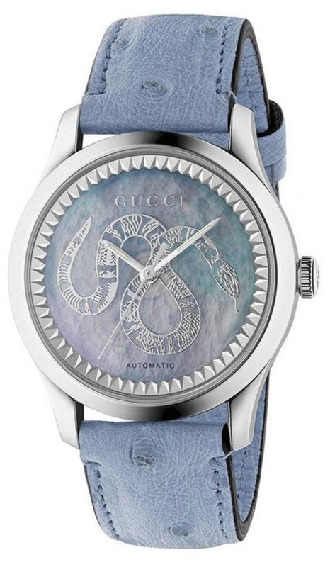 Gucci G Timeless Automatic Mother of Pearl Dial Blue Leather Strap Watch For Women - YA1264113 Authentic Buy Shop Now