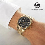 Michael Kors Lexington Chronograph Black Dial Gold Steel Strap Watch for Men - MK8286 Authentic Buy Shop Now