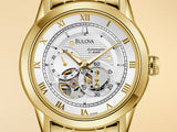 Bulova BVA Skeleton Silver Dial Gold Steel Strap Watch for Men - 97A108 Authentic Buy Shop Now