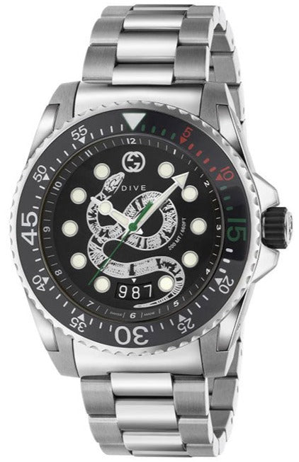 Gucci Dive Snake Black Dial Silver Steel Strap Watch For Men - YA136218 Authentic Buy Shop Now
