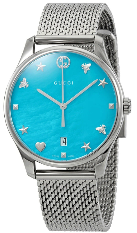 Gucci G-Timeless Turquoise Mother of Pearl Dial Silver Mesh Bracelet Watch For Women - YA126582 Authentic Buy Shop Now