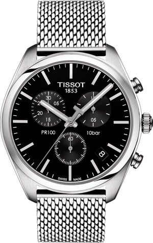 Tissot PR 100 Chronograph Black Dial Silver Mesh Bracelet Watch For Men - T101.417.11.051.01 Authentic Buy Shop Now