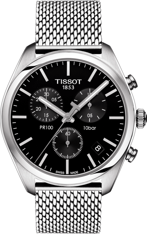 Tissot PR 100 Chronograph Black Dial Silver Mesh Bracelet Watch For Men - T101.417.11.051.01 Authentic Buy Shop Now