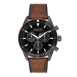 Movado Heritage Series 29mm Calendoplan Chronograph Black Dial Brown Leather Strap Watch For Men - 3650060 Authentic Buy Shop Now