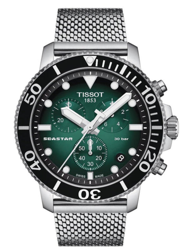 Tissot Seastar 1000 Chronograph Green Dial Silver Mesh Bracelet Watch For Men - T120.417.11.091.00 Authentic Buy Shop Now