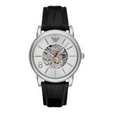 Emporio Armani Meccanico Silver Skeleton Dial Black Leather Watch For Men - AR1997 Authentic Buy Shop Now