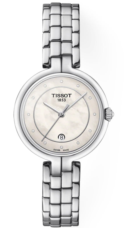 Tissot T Lady Flamingo Diamonds White Dial Silver Steel Strap Watch For Women - T094.210.11.116.01 Authentic Buy Shop Now