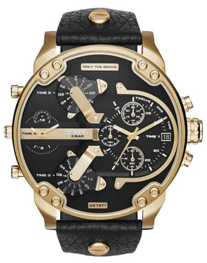 Diesel Mr Daddy Chronograph Black Dial Black Leather Strap Watch For Men - DZ7371 Authentic Buy Shop Now