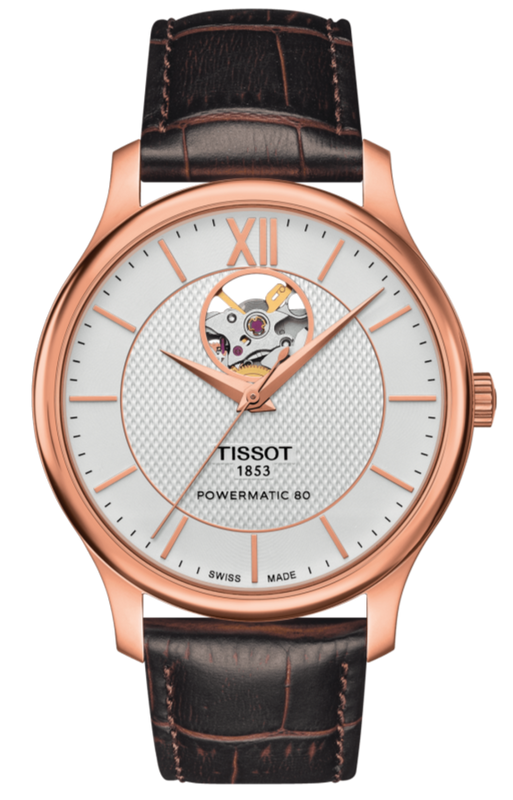 Tissot Tradition Powermatic 80 Open Heart Silver Dial Brown Leather Strap Watch For Men - T063.907.36.038.00 Authentic Buy Shop Now