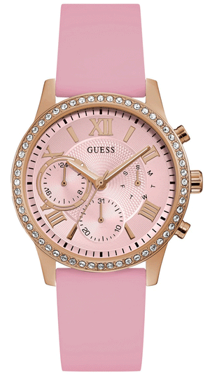 Guess Solar Rose Gold Dial Pink Rubber Strap Watch For Women - W1135L2 Authentic Buy Shop Now