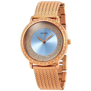 Guess Willow Crystal Blue Dial Rose Gold Mesh Bracelet Watch For Women - W0836L1 Authentic Buy Shop Now