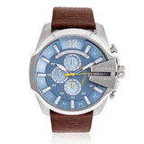 Diesel Mega Chief Chronograph Blue Dial Brown Leather Strap Watch For Men - DZ4281 Authentic Buy Shop Now