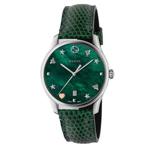 Gucci G-Timeless Green Mother of Pearl Dial Green Leather Strap Watch For Women - YA126585 Authentic Buy Shop Now