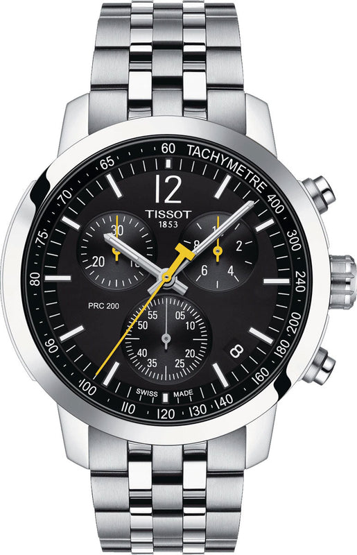 Tissot PRC 200 Chronograph Black Dial Silver Steel Strap Watch For Men - T114.417.11.057.00 Authentic Buy Shop Now