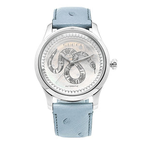 Gucci G Timeless Automatic Mother of Pearl Dial Blue Leather Strap Watch For Women - YA1264113 Authentic Buy Shop Now