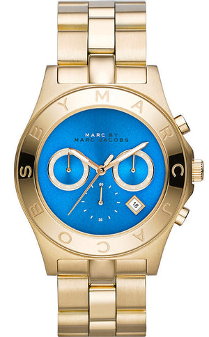 Marc Jacobs Blade Chronograph Blue Dial Gold Steel Strap Watch for Women - MBM3307 Authentic Buy Shop Now