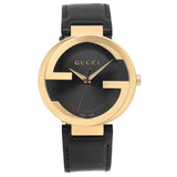 Gucci Interlocking G Gold Black Dial Black Leather Strap Unisex Watch - YA133326 Authentic Buy Shop Now