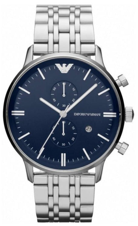 Emporio Armani Gianni Chronograph Blue Dial Silver Steel Strap Watch For Men - AR1648 Authentic Buy Shop Now
