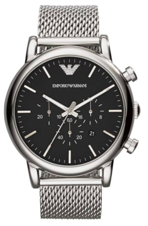Emporio Armani Classic Chronograph Black Dial Silver Mesh Bracelet Watch For Men - AR1808 Authentic Buy Shop Now
