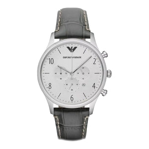 Emporio Armani Classic Chronograph Silver Dial Grey Leather Strap Watch For Men - AR1861 Authentic Buy Shop Now