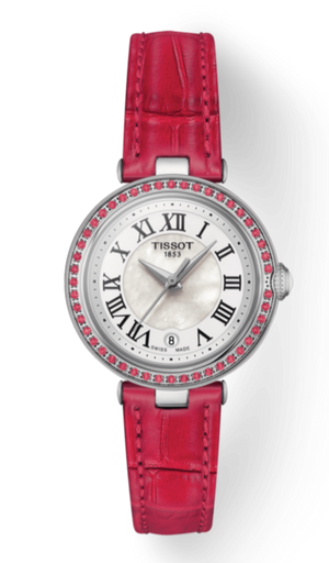Tissot Bellissima Small Lady Diamonds Mother of Pearl Dial Red Leather Strap Watch For Women - T126.010.66.113.00 Authentic Buy Shop Now