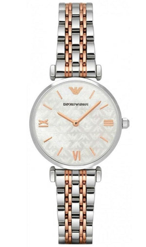 Emporio Armani Gianni T-Bar Mother of Pearl Dial Two Tone Steel Strap Watch For Women - AR1987 Authentic Buy Shop Now