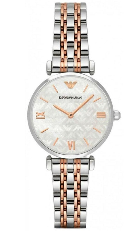 Emporio Armani Gianni T-Bar Mother of Pearl Dial Two Tone Steel Strap Watch For Women - AR1987 Authentic Buy Shop Now