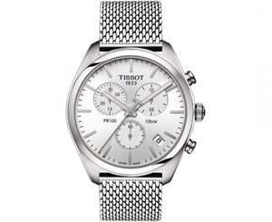 Tissot PR 100 Chronograph White Dial Silver Mesh Bracelet Watch For Men - T101.417.11.031.02 Authentic Buy Shop Now