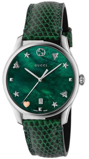 Gucci G-Timeless Mother of Pearl Green Dial Green Leather Strap Watch For Women - YA1264042 Authentic Buy Shop Now