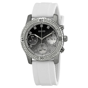 Guess Confetti Crystal Black Dial White Silicone Strap Watch For Women - W1098L1 Authentic Buy Shop Now