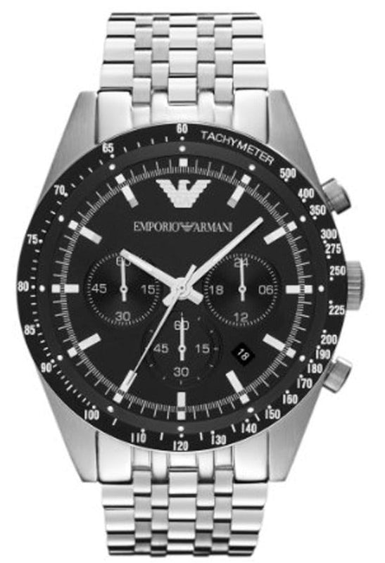 Emporio Armani Tazio Chronograph Black Dial Silver Steel Strap Watch For Men - AR5988 Authentic Buy Shop Now