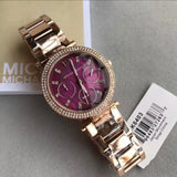 Michael Kors Mini Parker Multi-Function Plum Mother of Pearl Dial Rose Gold Steel Strap Watch For Women - MK6403 Authentic Buy Shop Now