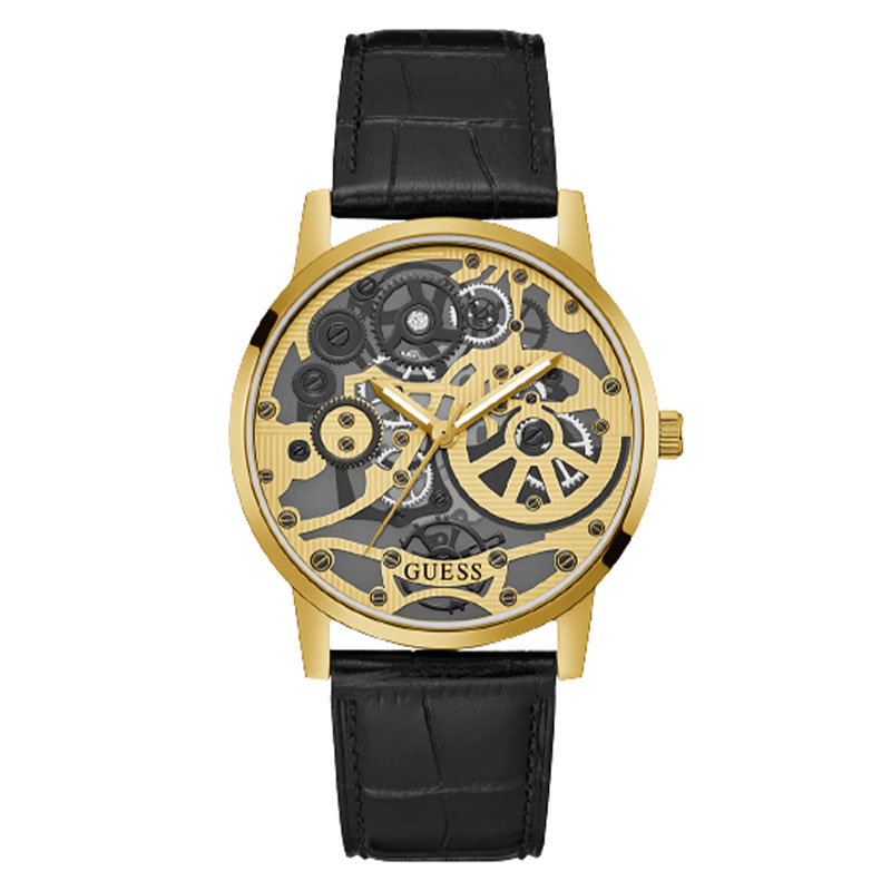 Guess Gadget Gold Dial Black Leather Strap Watch for Men - GW0570G1 Authentic Buy Shop Now