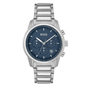 Hugo Boss Trace Chronograph Quartz Blue Dial Silver Steel Strap Watch For Men - 1514007 Authentic Buy Shop Now
