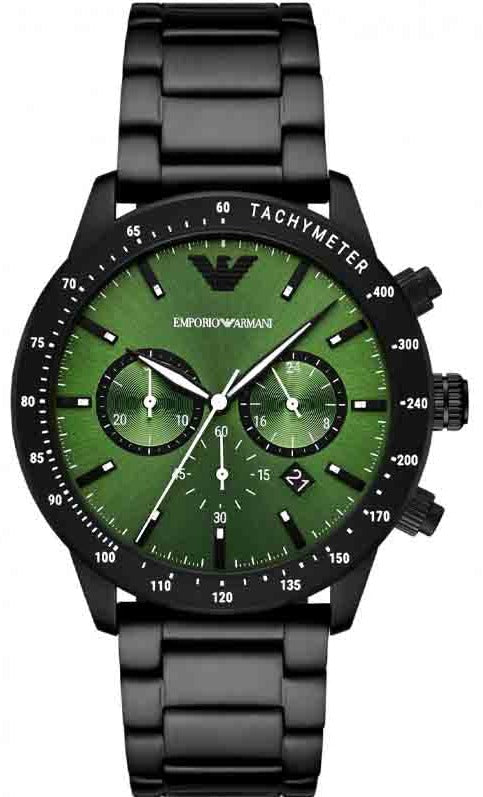 Emporio Armani Mario Chronograph Green Dial Black Steel Strap Watch For Men - AR11472 Authentic Buy Shop Now