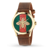 Gucci G Timeless Quartz Two Tone Dial Brown Leather Strap Watch For Men - YA126451B Authentic Buy Shop Now