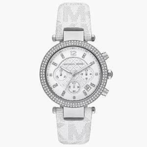Michael Kors Parker Chronograph White Dial White Leather Strap Watch For Women - MK7226 Authentic Buy Shop Now