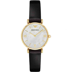 Emporio Armani Gianni T-Bar Quartz Mother of Pearl Dial Black Leather Strap Watch For Women - AR1910 Authentic Buy Shop Now