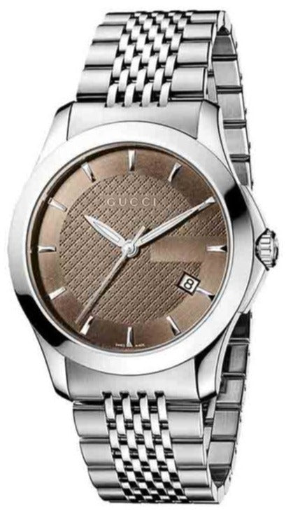 Gucci G Timeless Brown Dial Silver Steel Strap Watch For Men - YA126406 Authentic Buy Shop Now