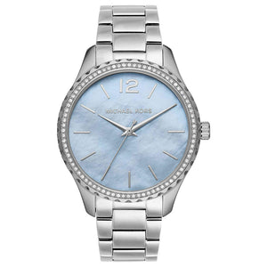 Michael Kors Layton Chronograph Mother of Pearl Blue Dial Silver Steel Strap Watch For Women - MK6847 Authentic Buy Shop Now