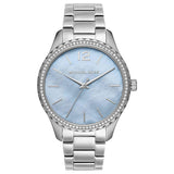 Michael Kors Layton Chronograph Mother of Pearl Blue Dial Silver Steel Strap Watch For Women - MK6847 Authentic Buy Shop Now