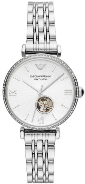 Emporio Armani Gianni T-Bar Automatic Silver Dial Silver Steel Strap Watch For Women - AR60022 Authentic Buy Shop Now