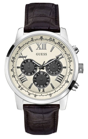 Guess Chronograph Quartz White Dial Brown Leather Strap Watch For Men - W0380G1 Authentic Buy Shop Now