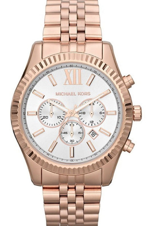 Michael Kors Lexington Chronograph White Dial Rose Gold Steel Strap Watch For Women - MK8313 Authentic Buy Shop Now