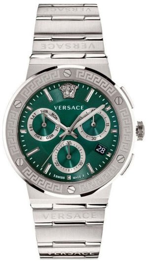 Versace Grace Chronograph Quartz Green Dial Silver Steel Strap Watch For Men - VEZ900121 Authentic Buy Shop Now