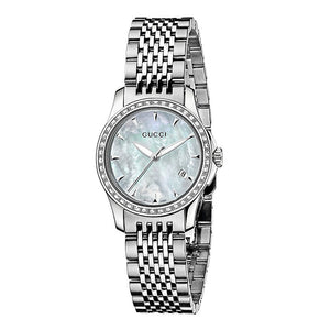 Gucci G Timeless Diamonds Mother of Pearl Dial Silver Steel Strap Watch For Women - YA126506 Authentic Buy Shop Now