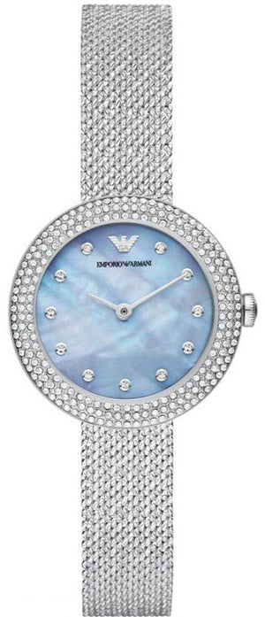 Emporio Armani Rosa Diamonds Mother of Pearl Blue Dial Silver Mesh Bracelet Watch For Women - AR11380 Authentic Buy Shop Now