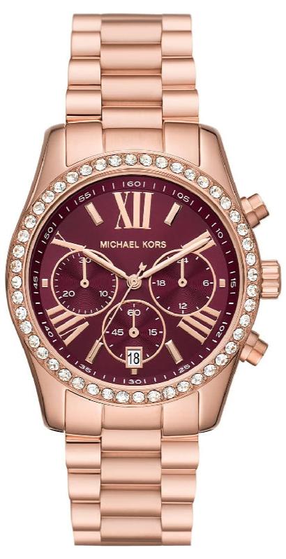 Michael Kors Lexington Chronograph Red Dial Rose Gold Steel Strap Watch For Women - MK7275 Authentic Buy Shop Now